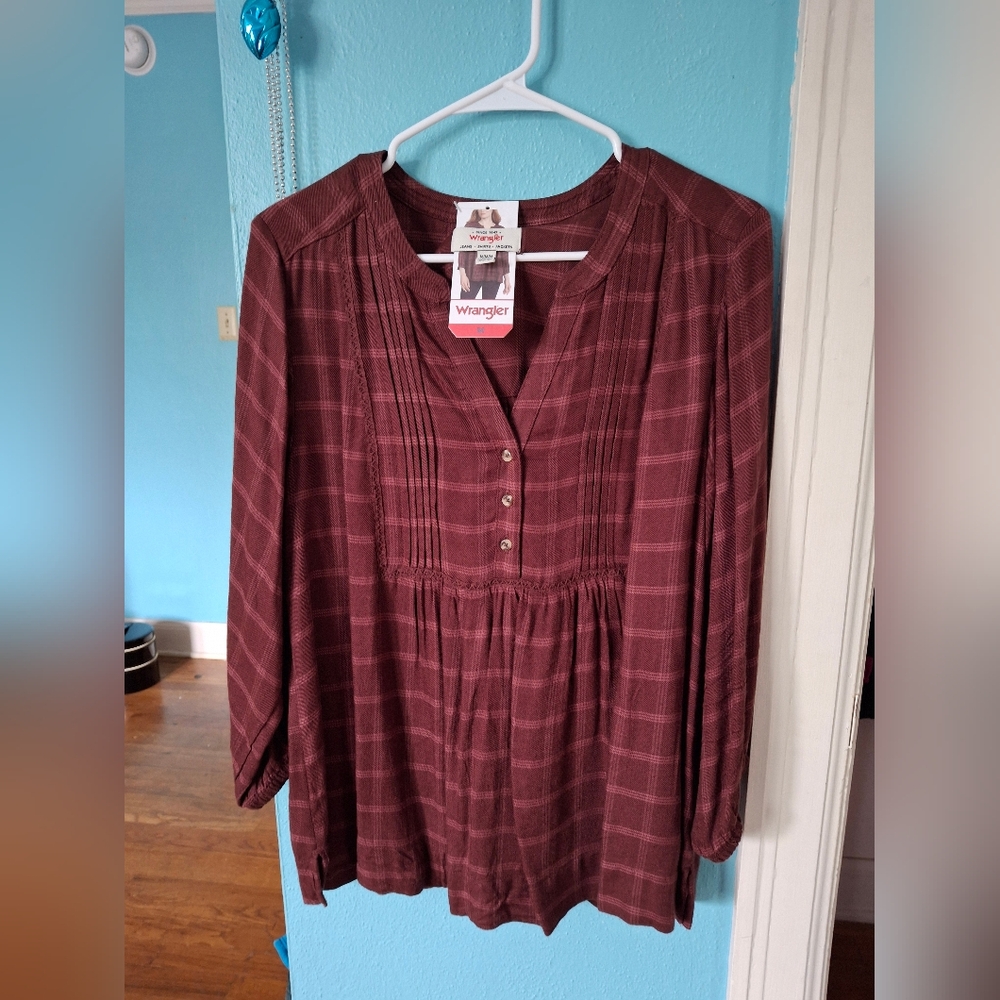 Wrangler Women's M Brown Plaid Baby Doll BOHO Blouse Pre-owned W Tag